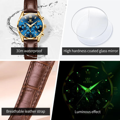 OLEVS Quartz Women's Watch Multifunctional Chronograph Waterproof Luminous Leather Strap Waterproof Luxury Elegant Ladies Watch