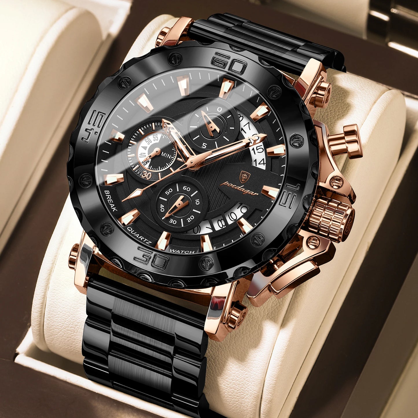 POEDAGAR Luxury Men's Watch Calendar Luminous Waterproof Man Clock Chronograph Stainless Steel Quartz Watches For Men Reloj Gift