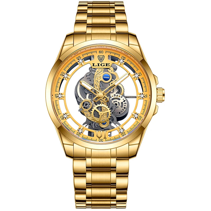 2025 LIGE Men Watch Skeleton Automatic Quartz Watch Gold Skeleton Vintage Man Watch Mens Watches Top Brand Luxury часы мужские