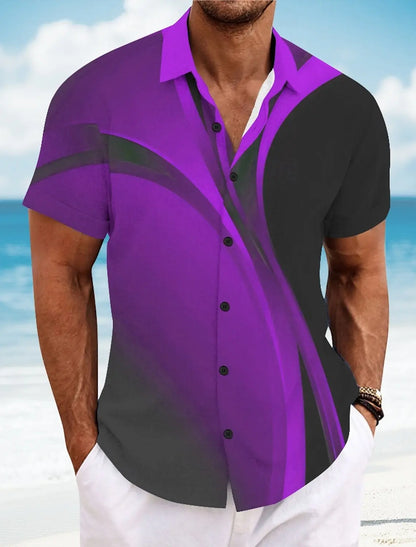 Summer Men's Geometric Grid  Plaid Shirts Short SleeveTurndown Hawaiian Shirt Button Up Shirts No Pockets Shirts