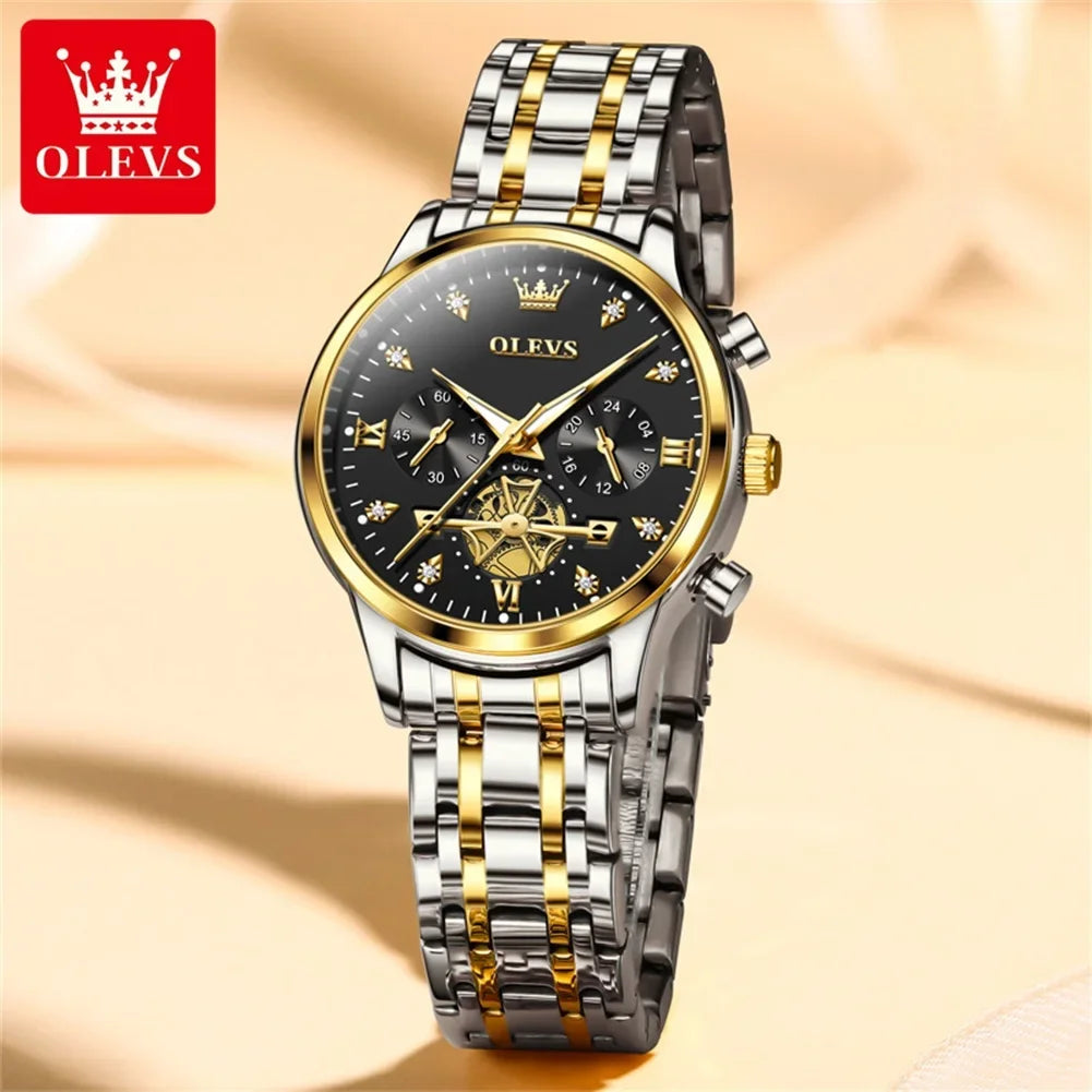 OLEVS Women's Watches Elegant Fashion Original Quartz Female Wristwatch Multifunction Chronograph Waterproof Luminous 24 Hour