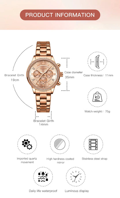 OLEVS TY715 Exlusive Women's Watches Elegant Rose Gold Luxury Steel Strap Chronograph Watch for Women Original Quartz Wristwatch