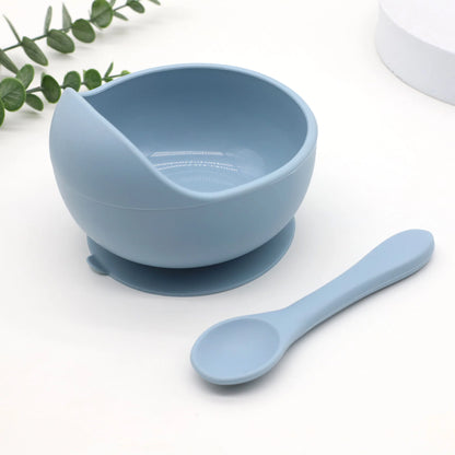 Baby silicone complementary food feeding bowl spoon set with suction cup for strong suction