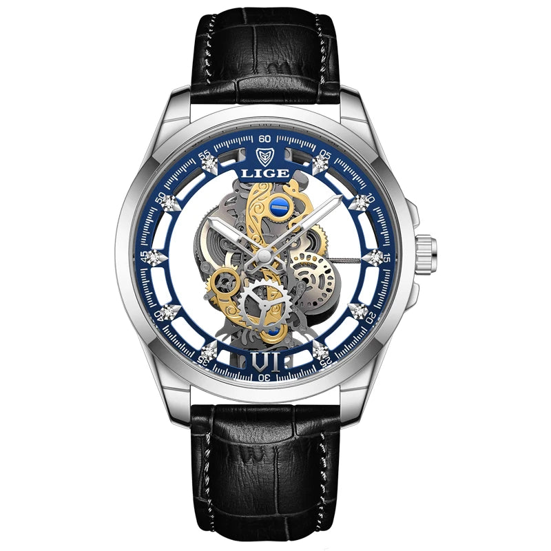 2025 LIGE Men Watch Skeleton Automatic Quartz Watch Gold Skeleton Vintage Man Watch Mens Watches Top Brand Luxury часы мужские