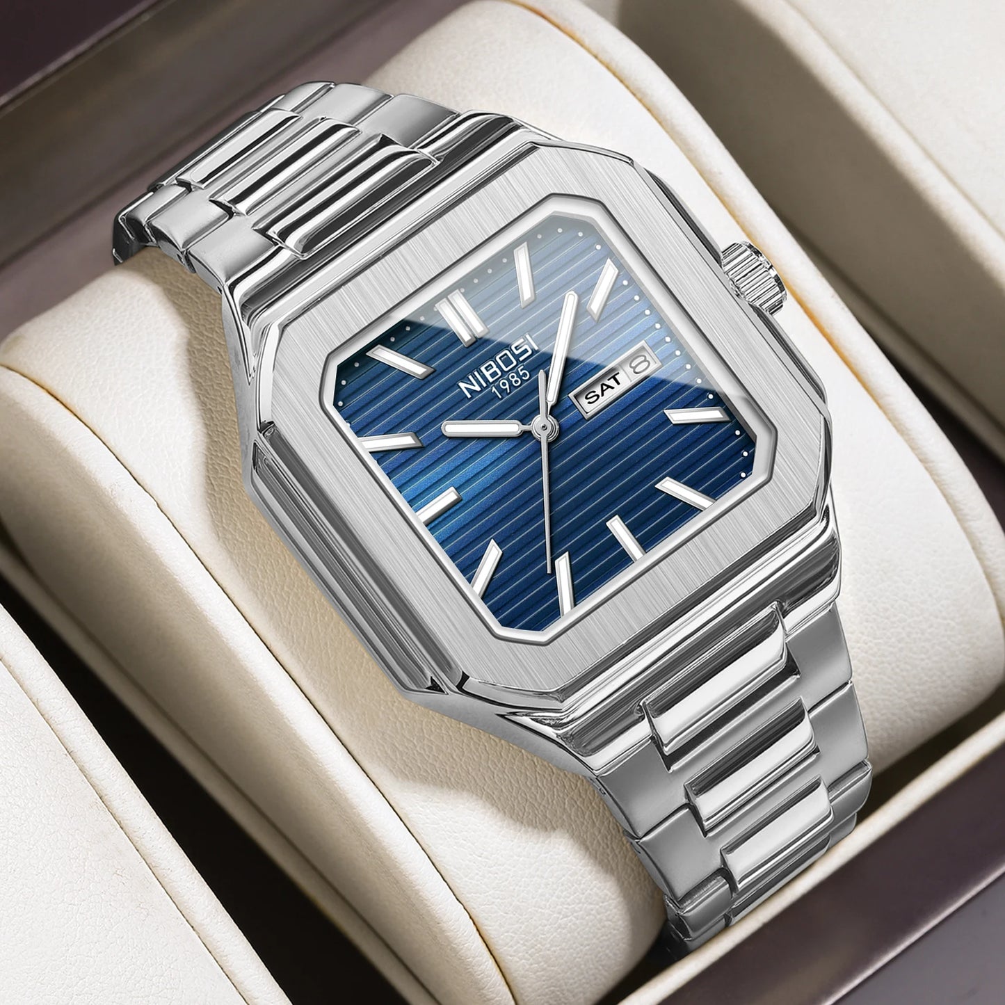 NIBOSI Square Fashion Man Wristwatch Waterproof Luminous Date Week Quartz Men's Watches Stainless Steel Luxury Men Watch Reloj