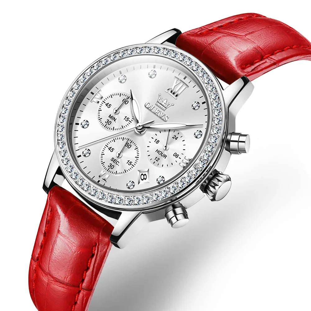 OLEVS Fashion Diamond Watches For Women Luxury Brand Rose Gold Case Ladies Quartz Watch White Leather Strap reloj para mujer