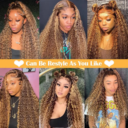 Highlight Ombre 13x4 13x6 Lace Front Wig Curly Human Hair Wigs Honey Blonde Colored Water Deep Wave Frontal Wigs For Women