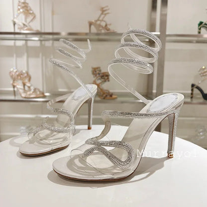 Crystal Decor Snake Shaped Elastic Strap Sandals Women PVC Transparent One Strap Thin Heels Sandalias Summer Dress Shoes Pumps