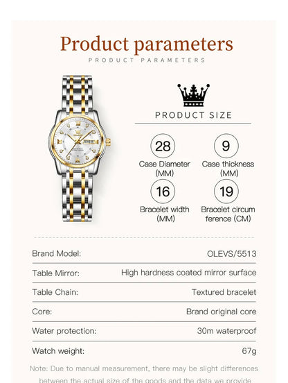 OLEVS Women's Watches Fashion Gold Original  Stainless Steel Waterproof Luminous Wrist Watch Date Classic Elegant Ladies Watch