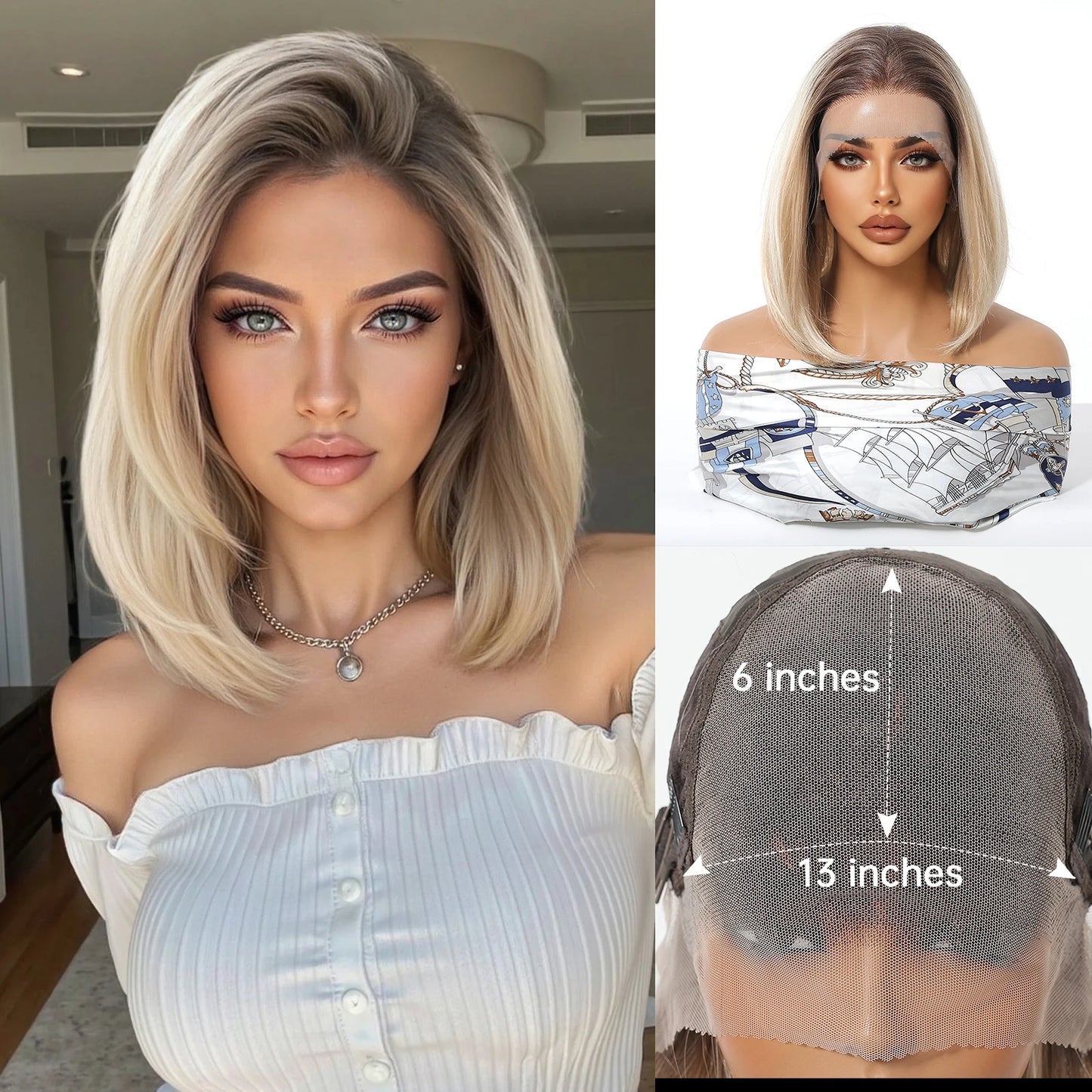 HENRY MARGU Gray To Light Blonde Bob Lace Front Wigs Short Straight Daily Synthetic Wig 13*6 Lace Frontal Wig for Women Party