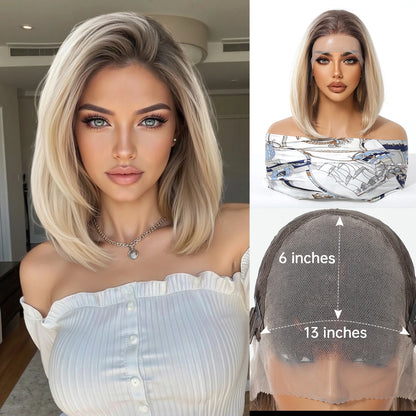 HENRY MARGU Gray To Light Blonde Bob Lace Front Wigs Short Straight Daily Synthetic Wig 13*6 Lace Frontal Wig for Women Party