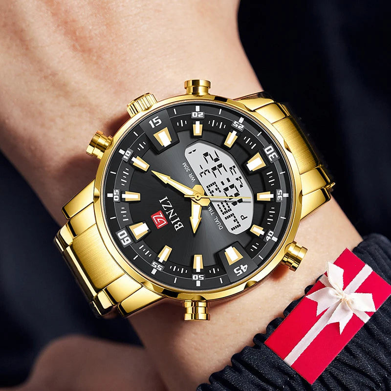 Top Brand Luxury Men Wrist Watch Waterproof Sports Digital Watches Men LED Steel Military Quartz Watch Gold color Big Dial Clock