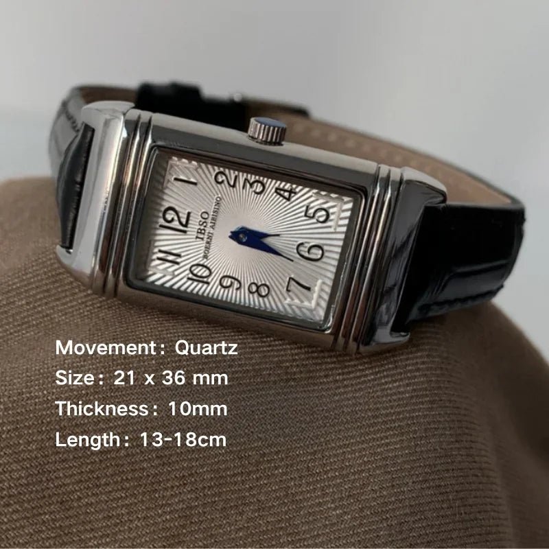 New retro square women's quartz watch with reversible case and leather strap silver watch unique niche watch 21*36mm