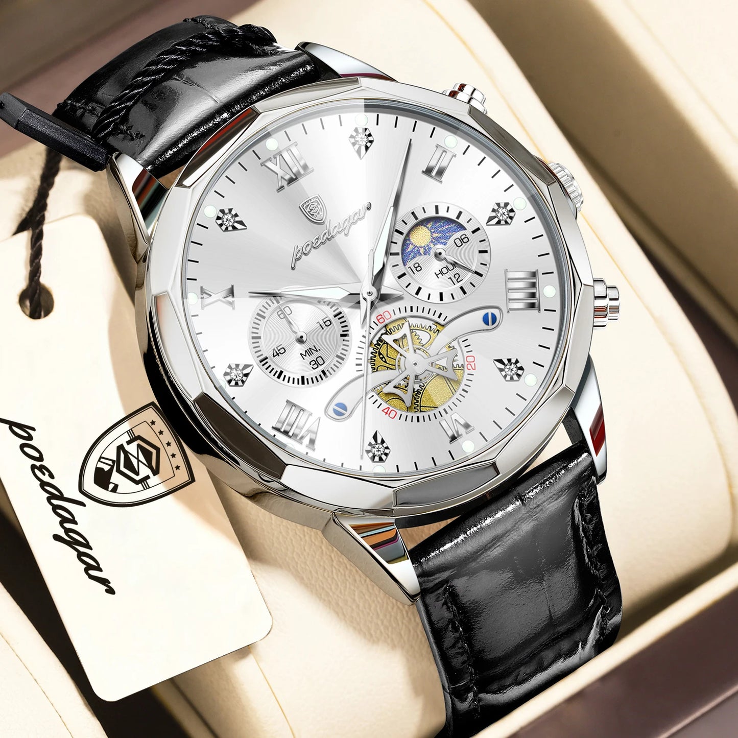 POEDAGAR Luxury Classic Men Clock Waterproof Luminous Chronograph Fashion Man Watch Leather Quartz Casual Business Men's Watches