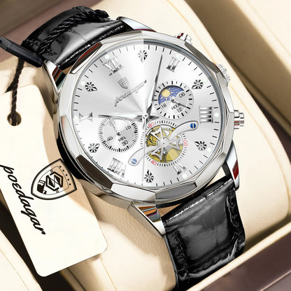 POEDAGAR Luxury Classic Men Clock Waterproof Luminous Chronograph Fashion Man Watch Leather Quartz Casual Business Men's Watches