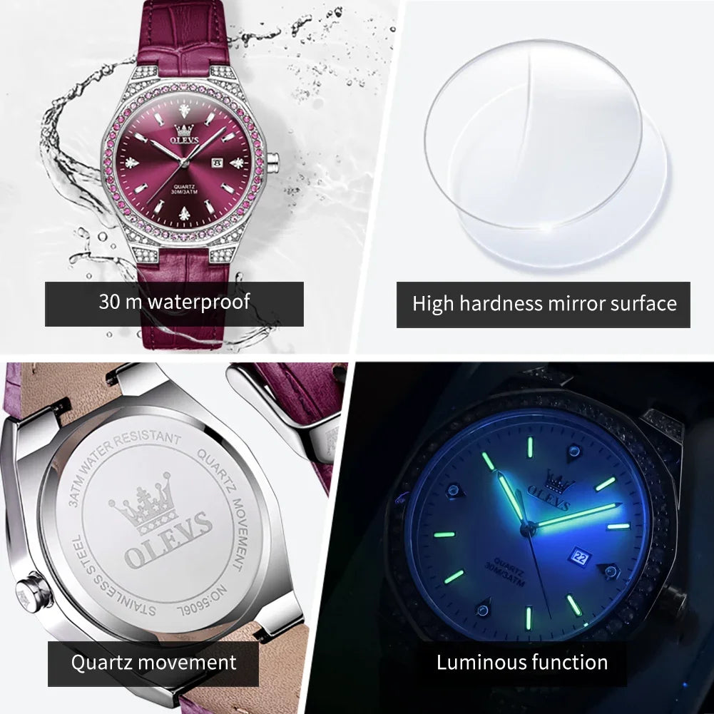 OLEVS 5606 Luxury Women's Watches Diamond Lap Leather Strap Waterproof Luminous Ladies Wristwatch Quartz Watch for Women Relogio