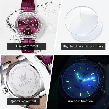 OLEVS 5606 Luxury Women's Watches Diamond Lap Leather Strap Waterproof Luminous Ladies Wristwatch Quartz Watch for Women Relogio
