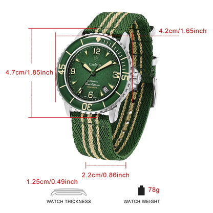 CADISEN Deep Explorer 2026 Green Automatic Mechanical Watch Man Canvas Strap Wristwatch 8215 Luxury Luminous Waterproof Watches