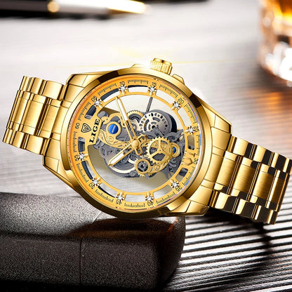 2025 LIGE Men Watch Skeleton Automatic Quartz Watch Gold Skeleton Vintage Man Watch Mens Watches Top Brand Luxury часы мужские