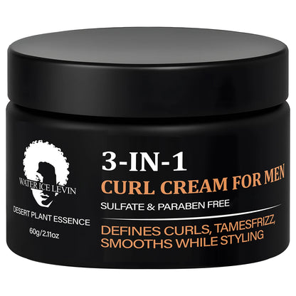 Men's 3-in-1 Curl Cream with Collagen & Coconut Oil - Defines Curls, Tames Frizz, Smooths Styling, Sulfate & Paraben Free 60g