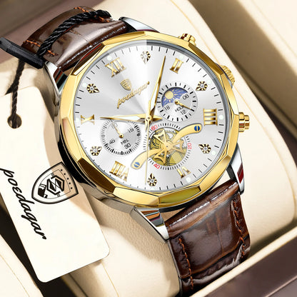 POEDAGAR Luxury Classic Men Clock Waterproof Luminous Chronograph Fashion Man Watch Leather Quartz Casual Business Men's Watches