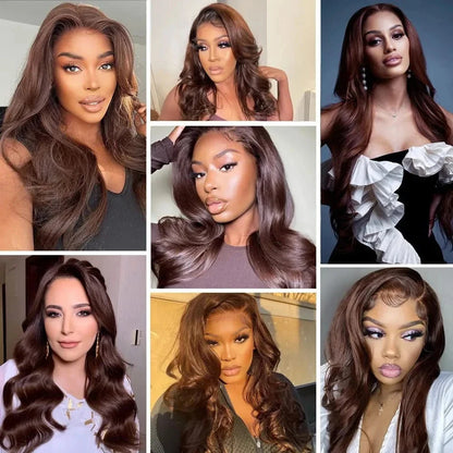 13x4 HD Chocolate Brown Body Wave Human Hair Lace Front Wigs Pre Plucked Brown Colored Transparent Lace Frontal Wigs For Women