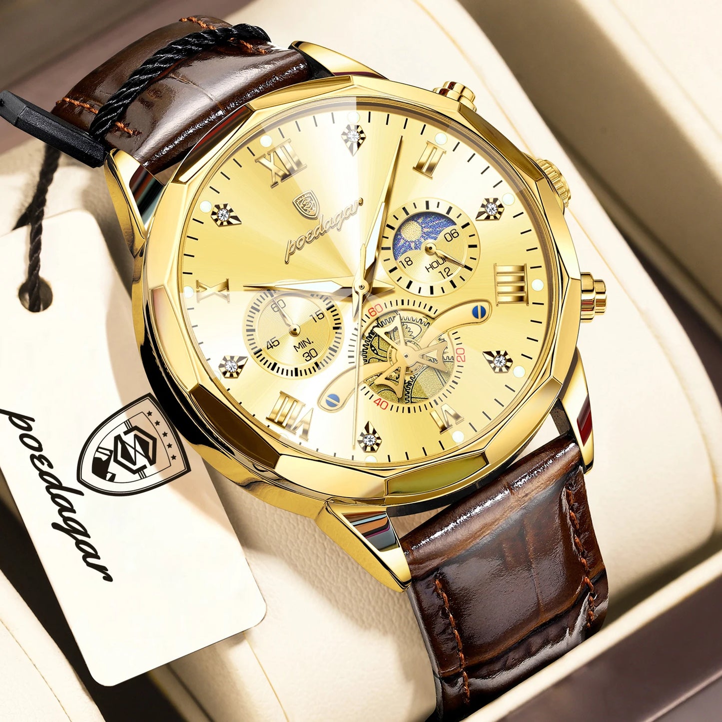 POEDAGAR Luxury Classic Men Clock Waterproof Luminous Chronograph Fashion Man Watch Leather Quartz Casual Business Men's Watches