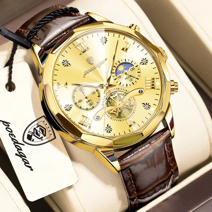 POEDAGAR Luxury Classic Men Clock Waterproof Luminous Chronograph Fashion Man Watch Leather Quartz Casual Business Men's Watches