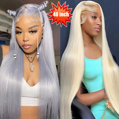 Blonde 613 Silver Grey 13x6 HD Human Hair Lace Front Wig Pre plucked Transparent Brazilian Lace Frontal Wig For Women 40 inches