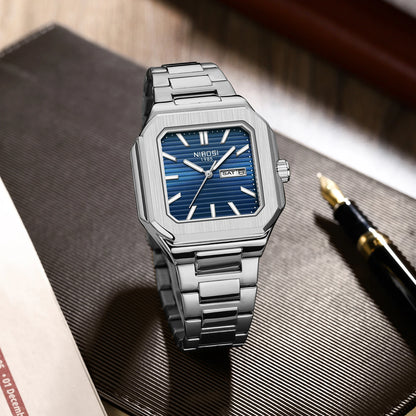 NIBOSI Square Fashion Man Wristwatch Waterproof Luminous Date Week Quartz Men's Watches Stainless Steel Luxury Men Watch Reloj
