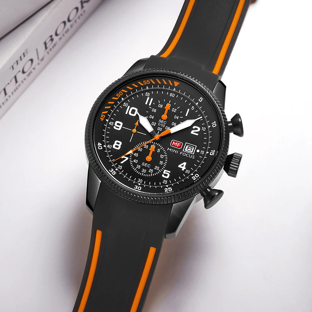 MINI FOCUS Sports Quartz Watch for Men Fashion Chronograph Waterproof Watches Silicone Strap Luminous Hands Wristwatches 0379