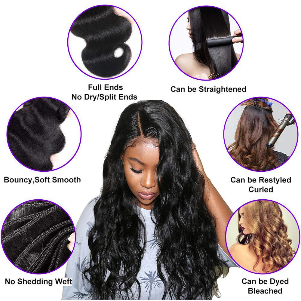 100% Human Hair Body Wave Bundles Human Hair With Closure Brazilian Natural Black 3/4 Bundle Virgin Hair Raw Hair Extensions