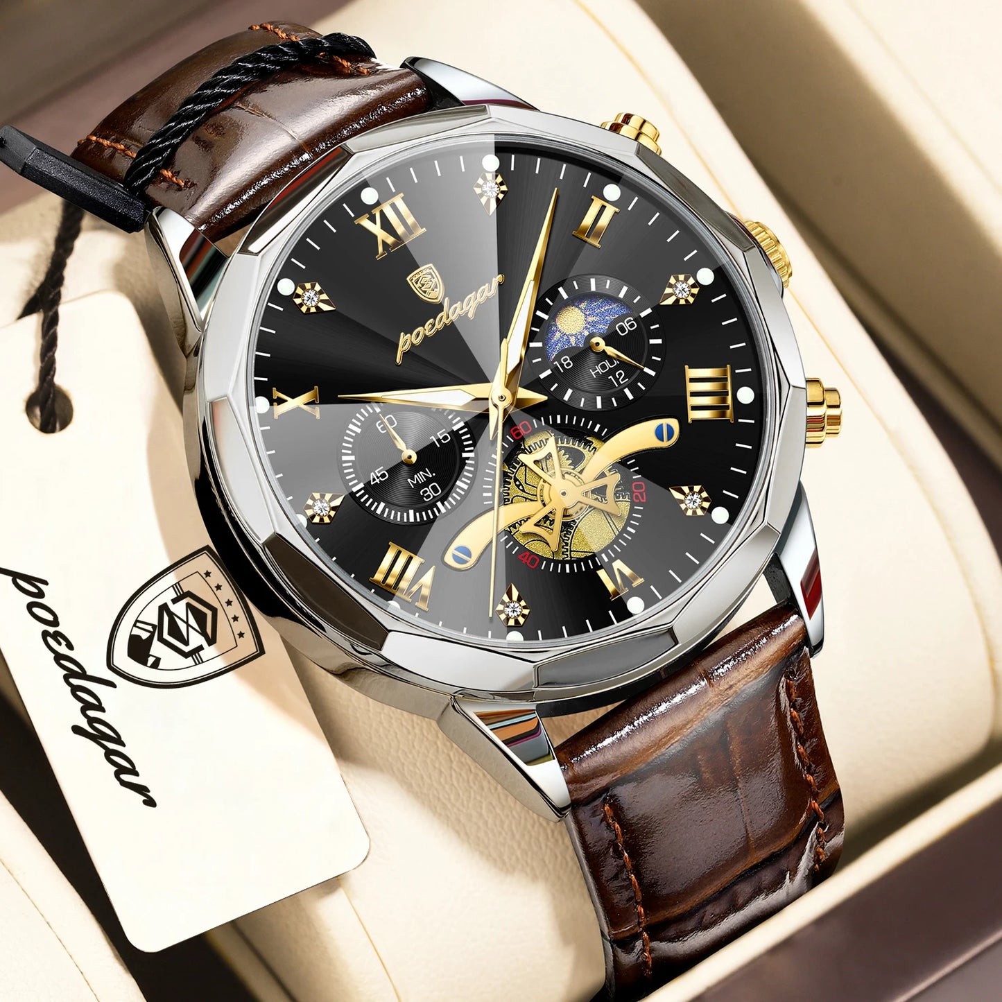 POEDAGAR Luxury Classic Men Clock Waterproof Luminous Chronograph Fashion Man Watch Leather Quartz Casual Business Men's Watches