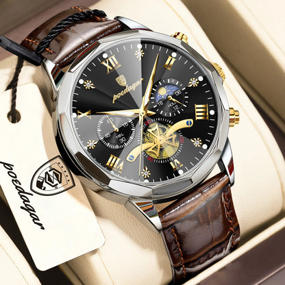POEDAGAR Luxury Classic Men Clock Waterproof Luminous Chronograph Fashion Man Watch Leather Quartz Casual Business Men's Watches