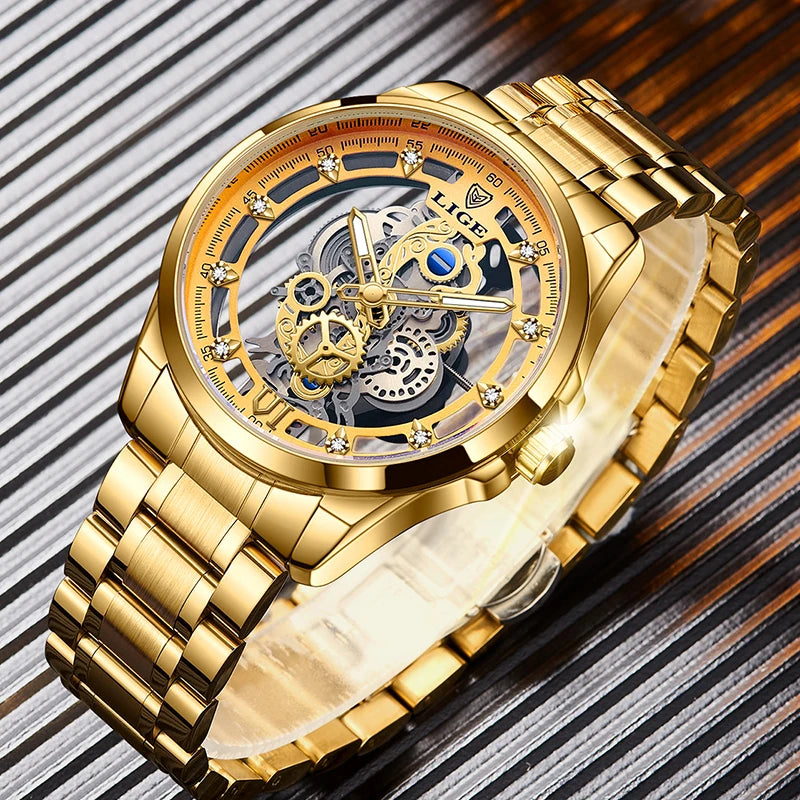 2025 LIGE Men Watch Skeleton Automatic Quartz Watch Gold Skeleton Vintage Man Watch Mens Watches Top Brand Luxury часы мужские