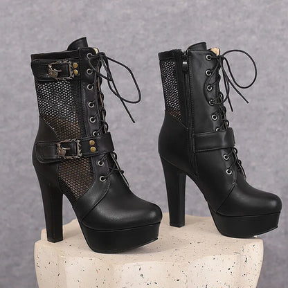 2025 New Lace-up Mesh Summer Boots Women Sexy High Heels Platform Sandals Large Size Women's Custom Boots Female Shoes WSH5054
