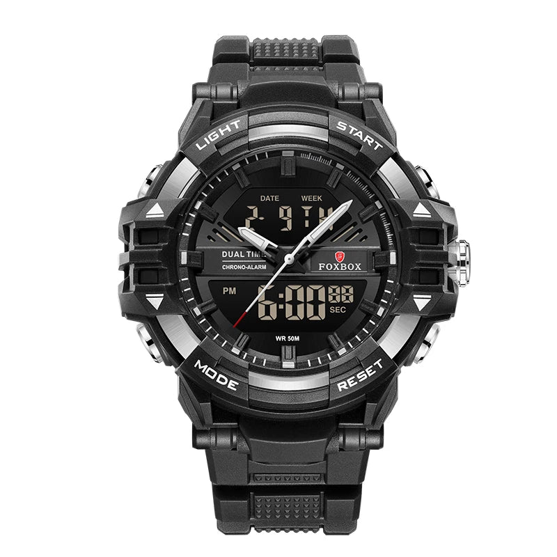 FOXBOX Outdoor Electronic Watch Fashion Casual Sports Silicone Dual Time Displsy Men's Watches 5Bar Waterproof Alarm Chronograph