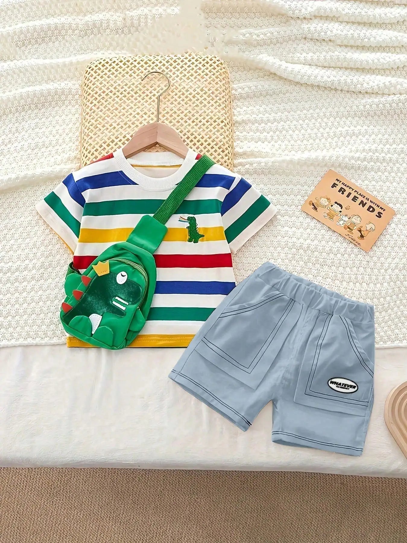 Children's Dinosaur Themed Fashionable Striped Shirt And Shorts Set Embroidered Dinosaur Design Includes Dinosaur Accessory
