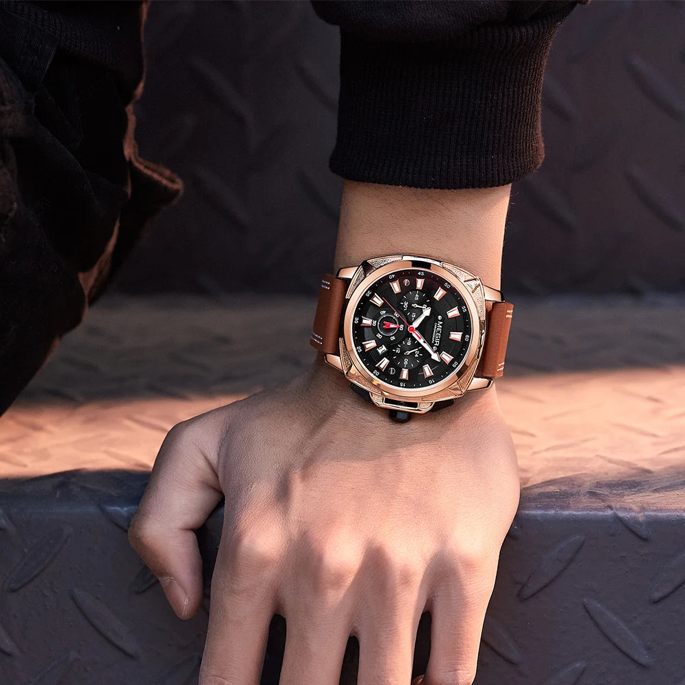 MEGIR Men Sport Watches 46MM Big Dial Chronograph Clock Luxury Quartz Casual Wristwatch Waterproof with Auto Date Relogio +Box