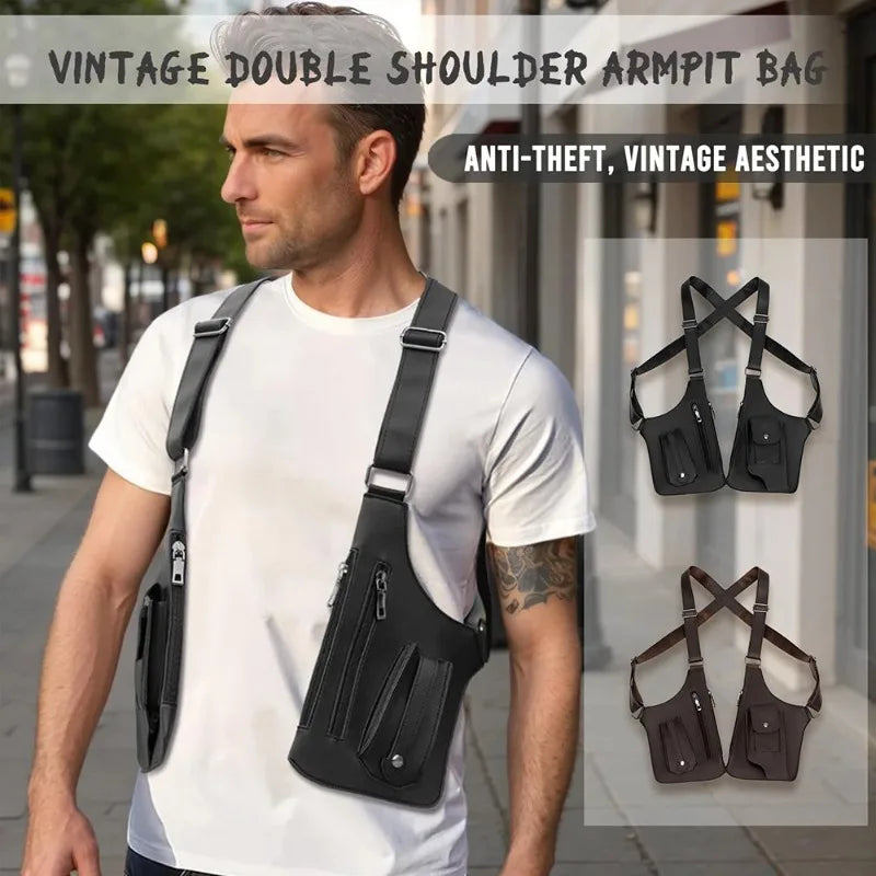 PU Leather Strap Holster Vest Bag Adjustable Double Shoulder Armpit Bag Hidden Anti-Theft Phone Pocket Chest Bag