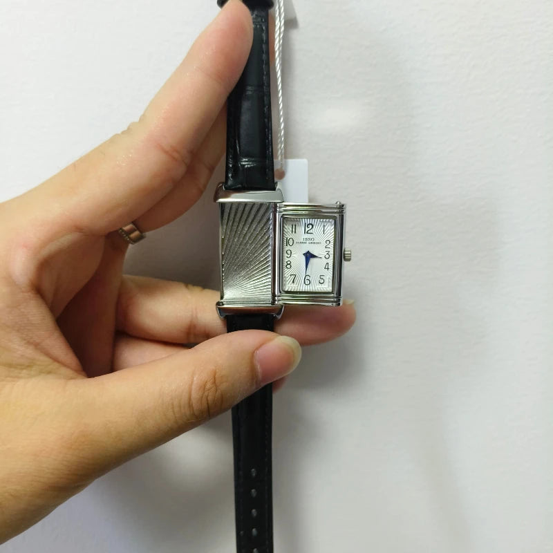 New retro square women's quartz watch with reversible case and leather strap silver watch unique niche watch 21*36mm