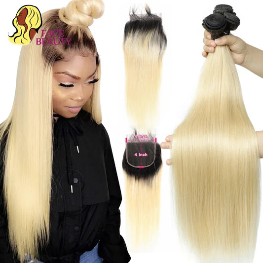 Facebeauty 4 by 4 Lace Closure with Bundles 3 4 Remy Brazilian Straight Hair Ombre 1B 613 Blonde Bundles with 4x4 Lace Closure