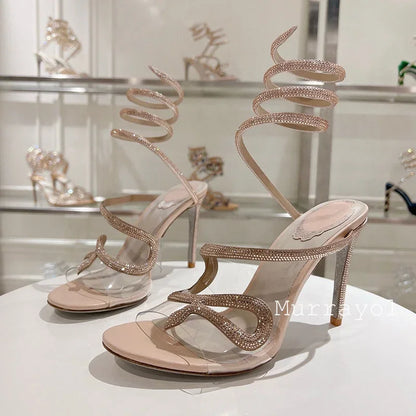 Crystal Decor Snake Shaped Elastic Strap Sandals Women PVC Transparent One Strap Thin Heels Sandalias Summer Dress Shoes Pumps