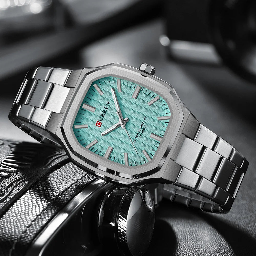 CURREN Luxury Business Square Quartz Watches  Classic Stripe Design Dial with Stainless Steel Band Wristwatch for Men