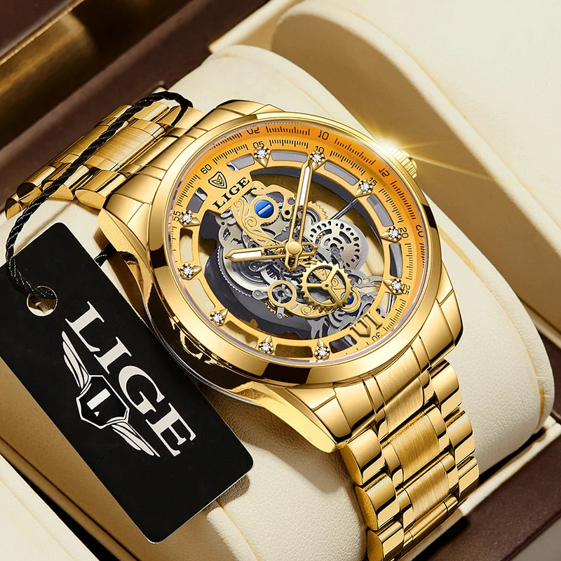2025 LIGE Men Watch Skeleton Automatic Quartz Watch Gold Skeleton Vintage Man Watch Mens Watches Top Brand Luxury часы мужские