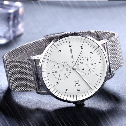 MINI FOCUS Luxury Waterproof Mens Watches Calendar Window Silver Business Quartz Watch Stainless Steel Strap Luminous Hands 0052