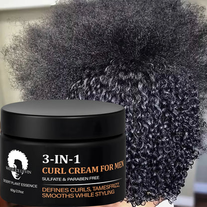 Men's 3-in-1 Curl Cream with Collagen & Coconut Oil - Defines Curls, Tames Frizz, Smooths Styling, Sulfate & Paraben Free 60g