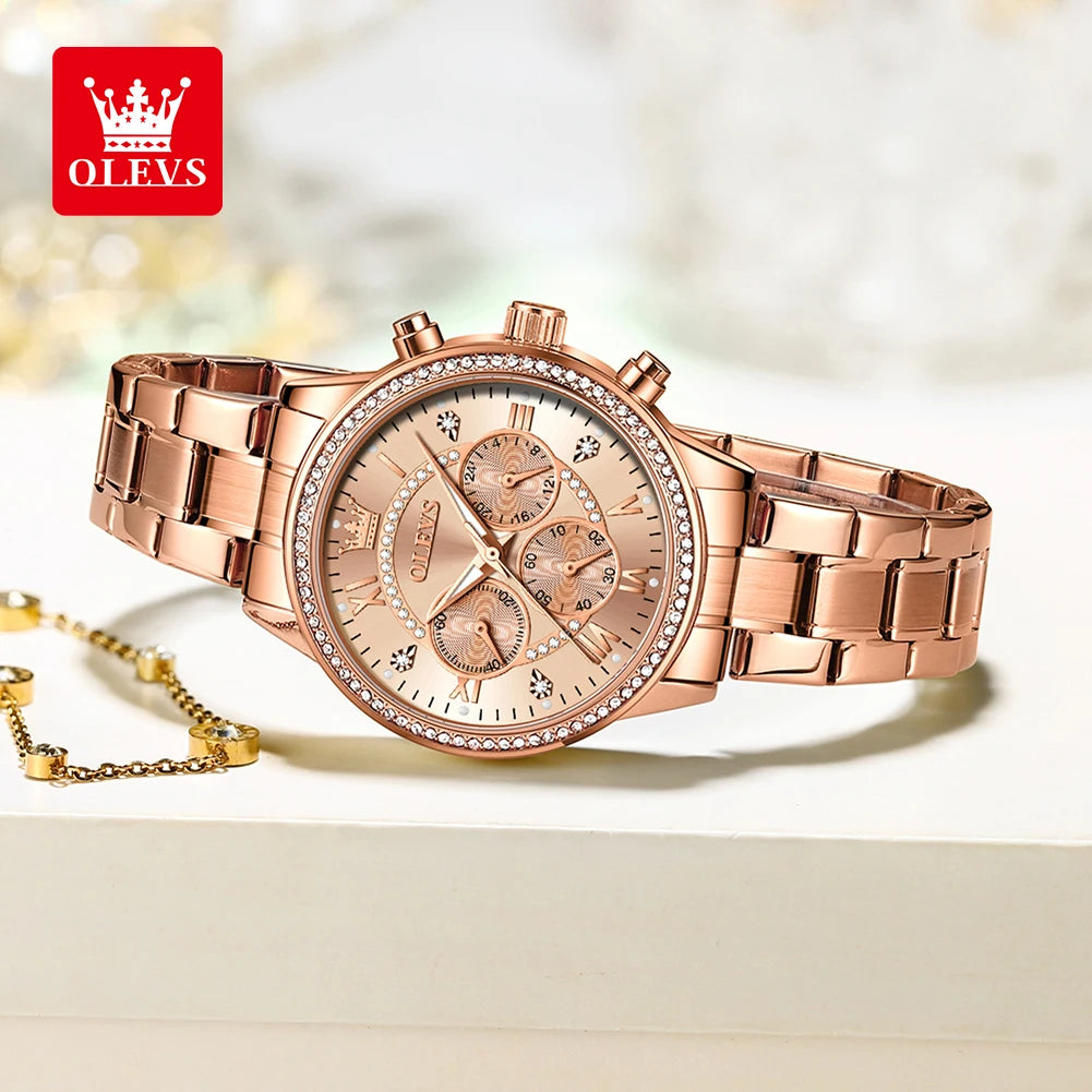 OLEVS TY715 Exlusive Women's Watches Elegant Rose Gold Luxury Steel Strap Chronograph Watch for Women Original Quartz Wristwatch