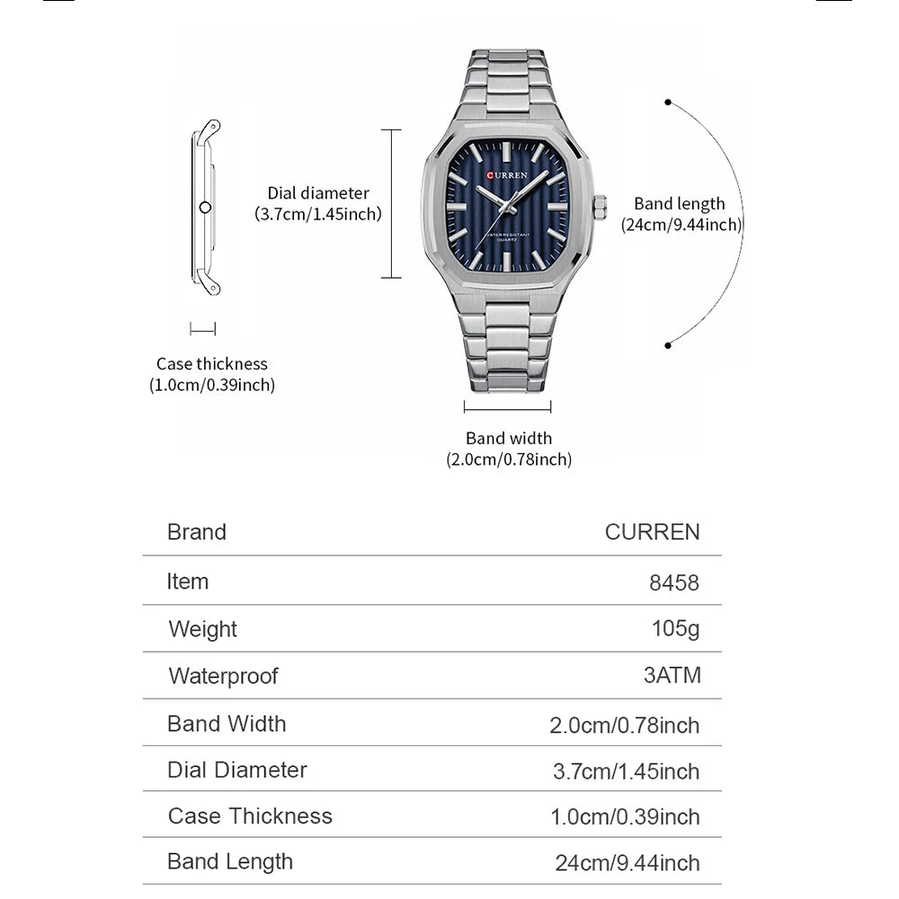 CURREN Luxury Business Square Quartz Watches  Classic Stripe Design Dial with Stainless Steel Band Wristwatch for Men