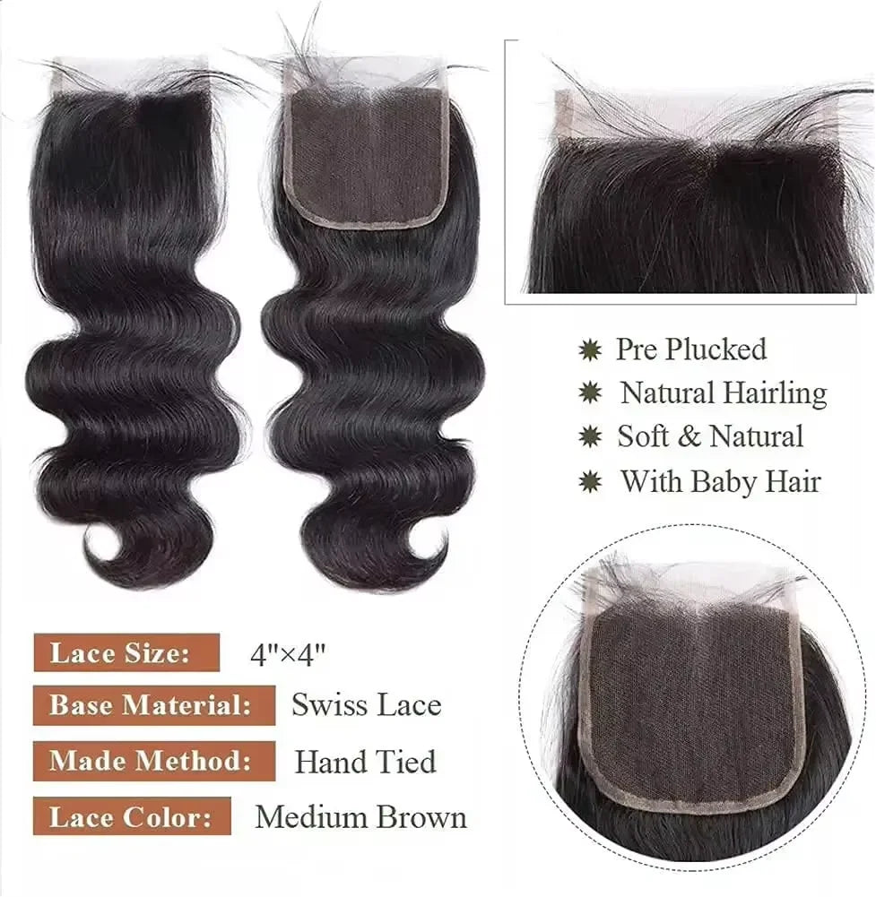 100% Human Hair Body Wave Bundles Human Hair With Closure Brazilian Natural Black 3/4 Bundle Virgin Hair Raw Hair Extensions